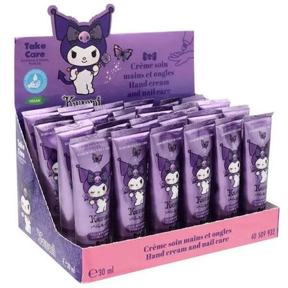 Espositore di creme mani e unghie Kuromi viola, design kawaii, promozione Nerdscape.