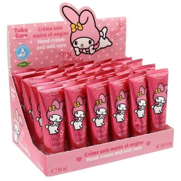 Espositore creme mani My Melody rosa, confezione kawaii da Nerdscape, cura mani e unghie.
