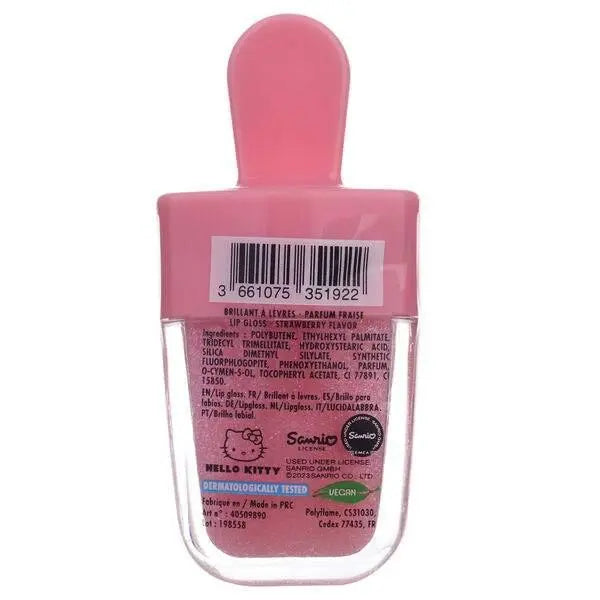 Gloss labbra Hello Kitty con tappo rosa, retro confezione, dettagli ingredienti e licenza ufficiale Sanrio