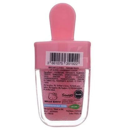 Gloss labbra Hello Kitty con tappo rosa, retro confezione, dettagli ingredienti e licenza ufficiale Sanrio