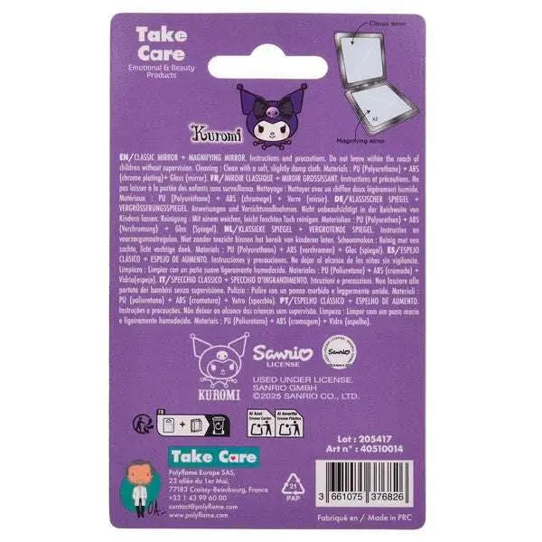 Retro confezione specchio Kuromi Sanrio viola, dettagli prodotto Nerdscape, accessorio beauty.