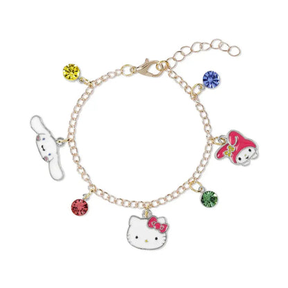 Bracciale dorato Nerdscape con ciondoli personaggi kawaii e pietre colorate, stile nerd geek.