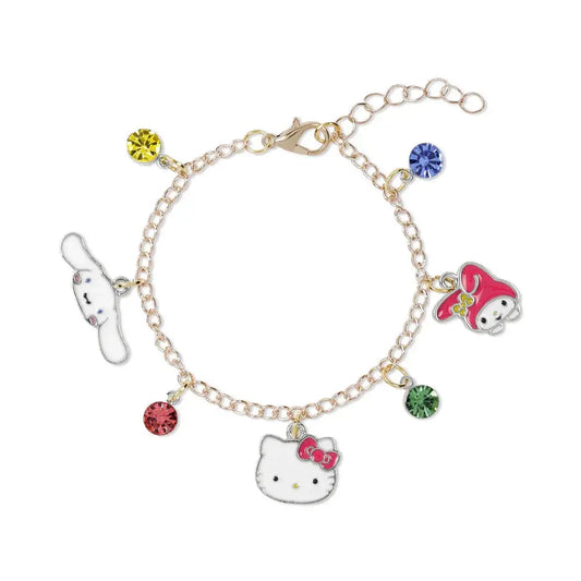Bracciale dorato Nerdscape con ciondoli personaggi kawaii e pietre colorate, stile nerd geek.