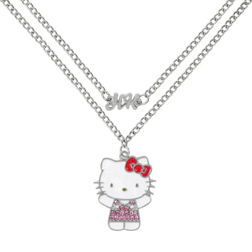 Collana doppia Nerdscape con ciondolo Hello Kitty smaltato e strass rosa, accessorio geek
