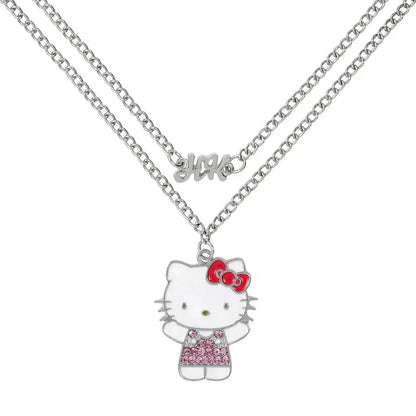 Collana doppia Nerdscape con ciondolo Hello Kitty smaltato e strass rosa, accessorio geek