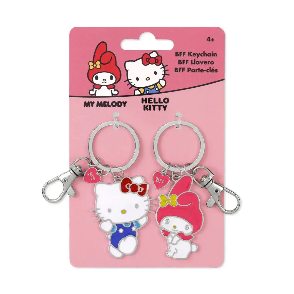 Coppia portachiavi My Melody e Hello Kitty su cartoncino rosa, accessori Nerdscape.