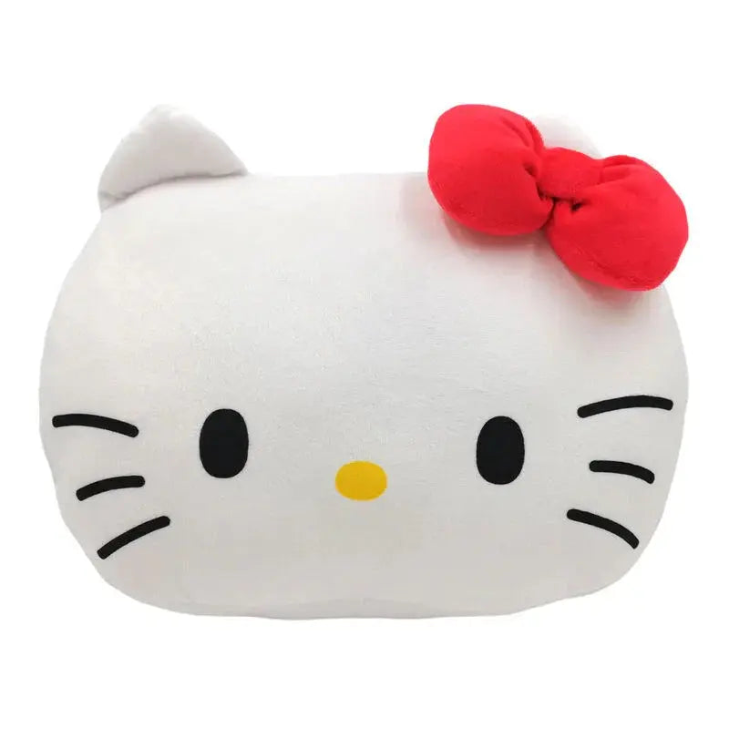 Cuscino peluche bianco a forma di gatto con fiocco rosso, articolo kawaii Nerdscape.