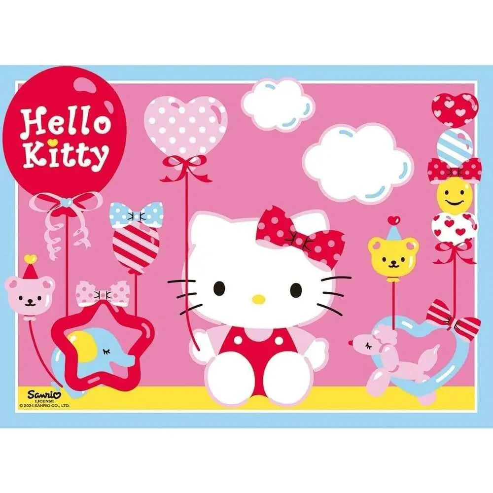 Hello Kitty con fiocco rosso, palloncini colorati e nuvole su sfondo rosa, tema Nerdscape.