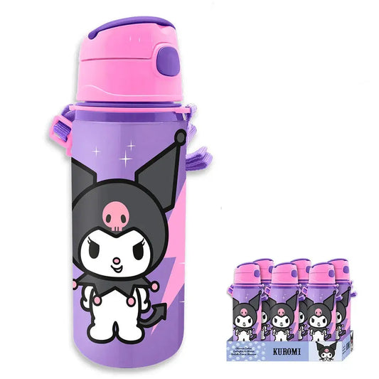 Borraccia viola e rosa Kuromi con personaggio cartoon, merchandising Nerdscape.