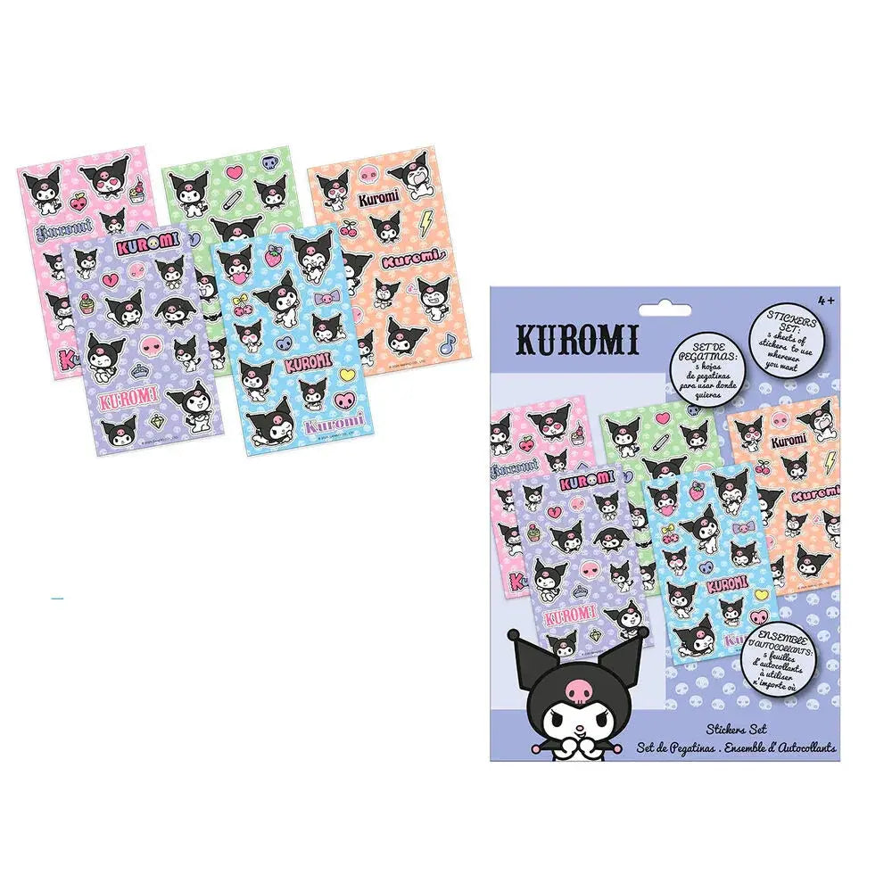Set di adesivi Kuromi colorati su sfondo bianco, articoli Nerdscape per fan anime.