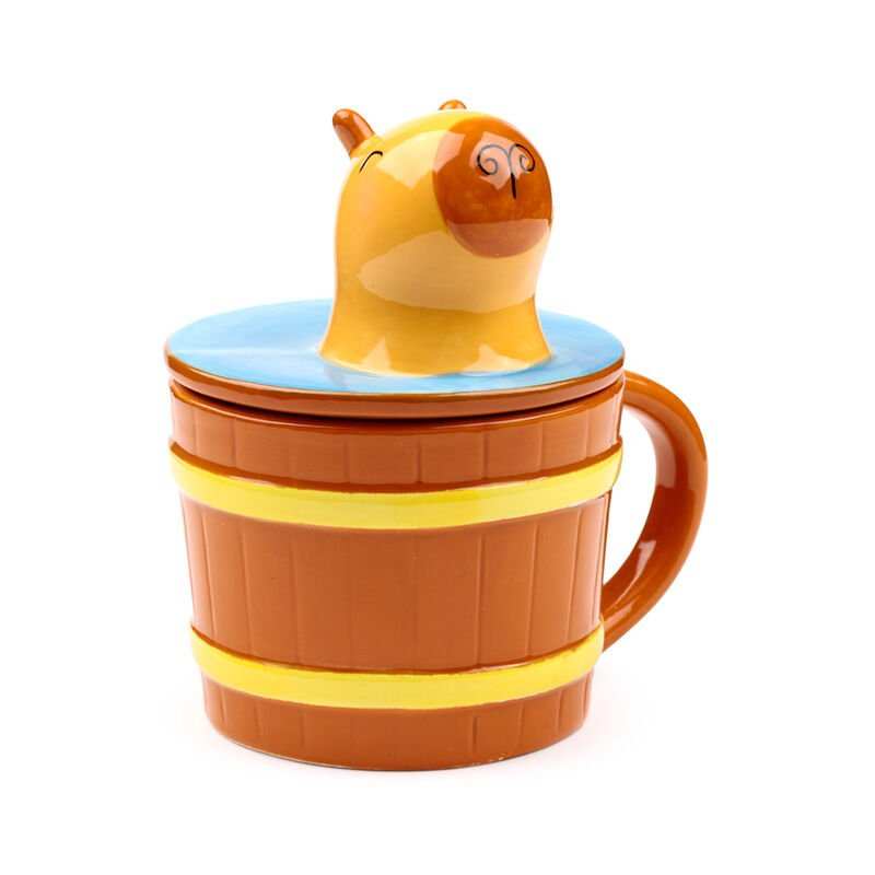 Ceramic capybara mug with lid, not dishwasher or microwave safe