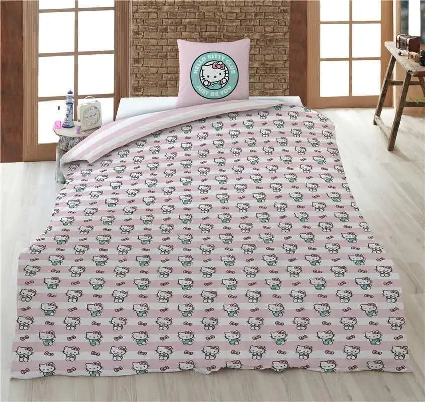 Biancheria da letto Hello Kitty rosa a righe, camera moderna, stile Nerdscape