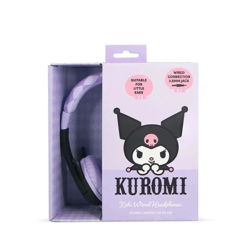 Cuffie cablate per bambini Kuromi viola nella confezione, disponibili su Nerdscape shop.