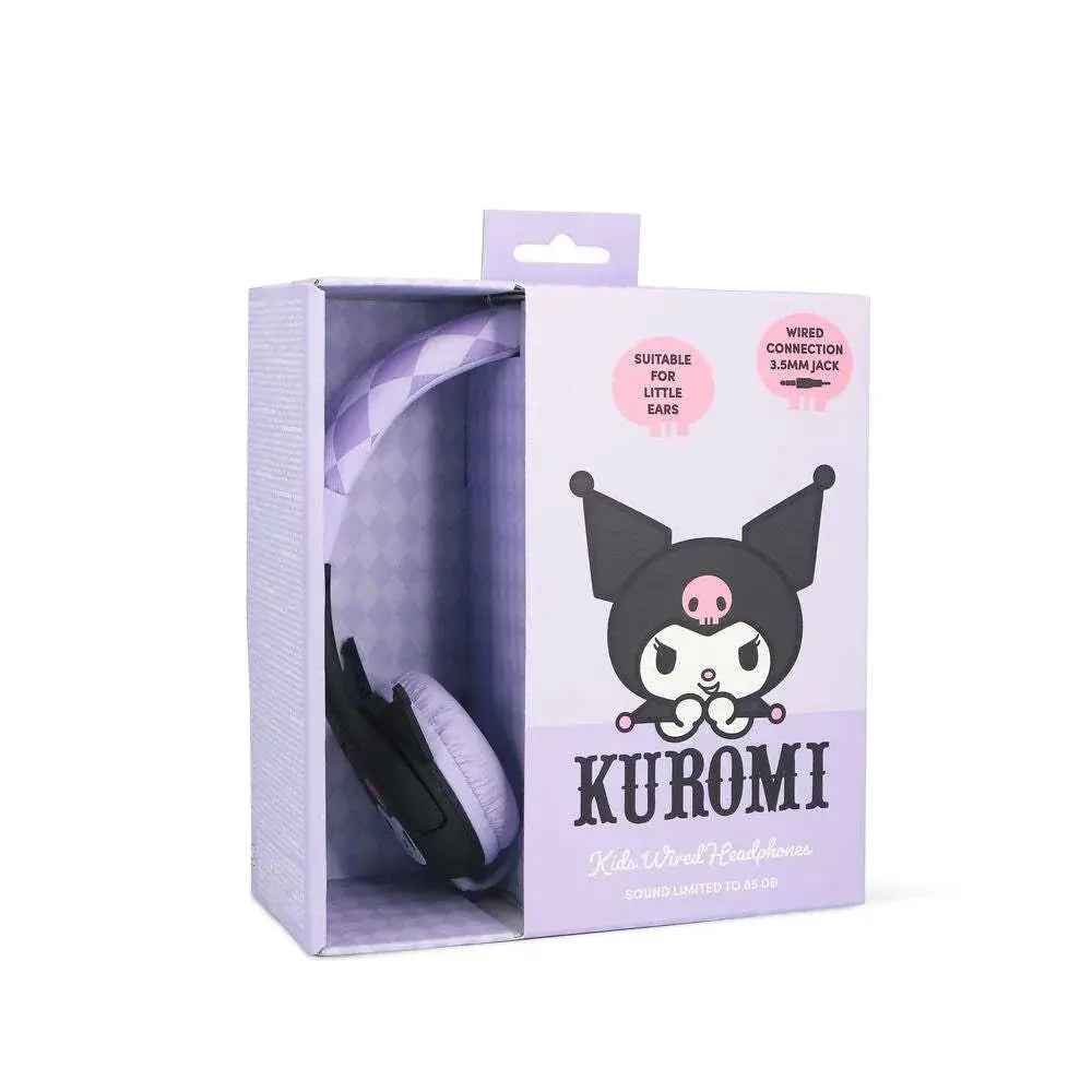 Cuffie cablate Kuromi per bambini in confezione viola, prodotto a tema Nerdscape.