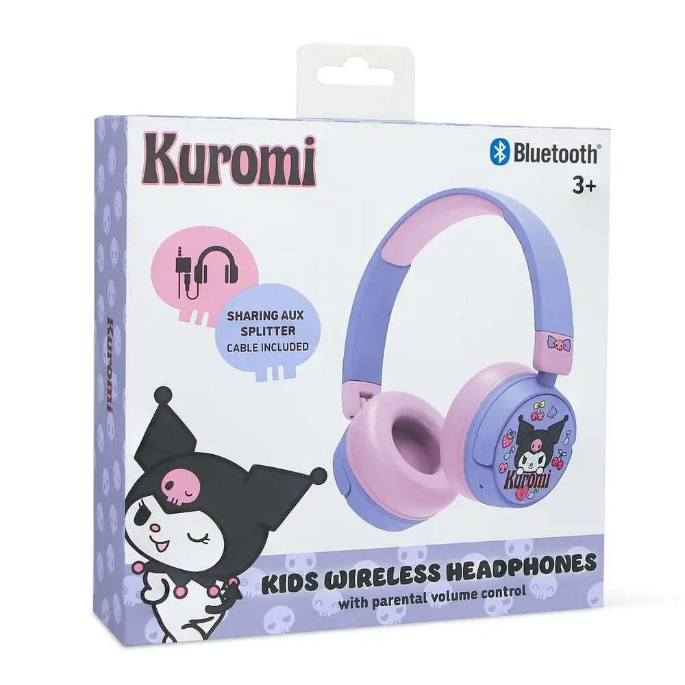 Cuffie wireless per bambini Kuromi, Bluetooth, viola e rosa, confezione con personaggio Nerdscape.