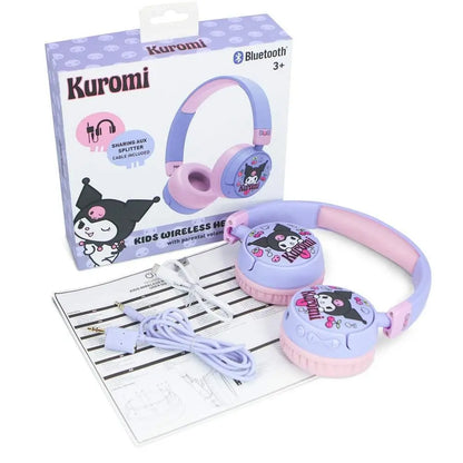 Cuffie Bluetooth bambini Kuromi viola e rosa, scatola, cavi e istruzioni Nerdscape