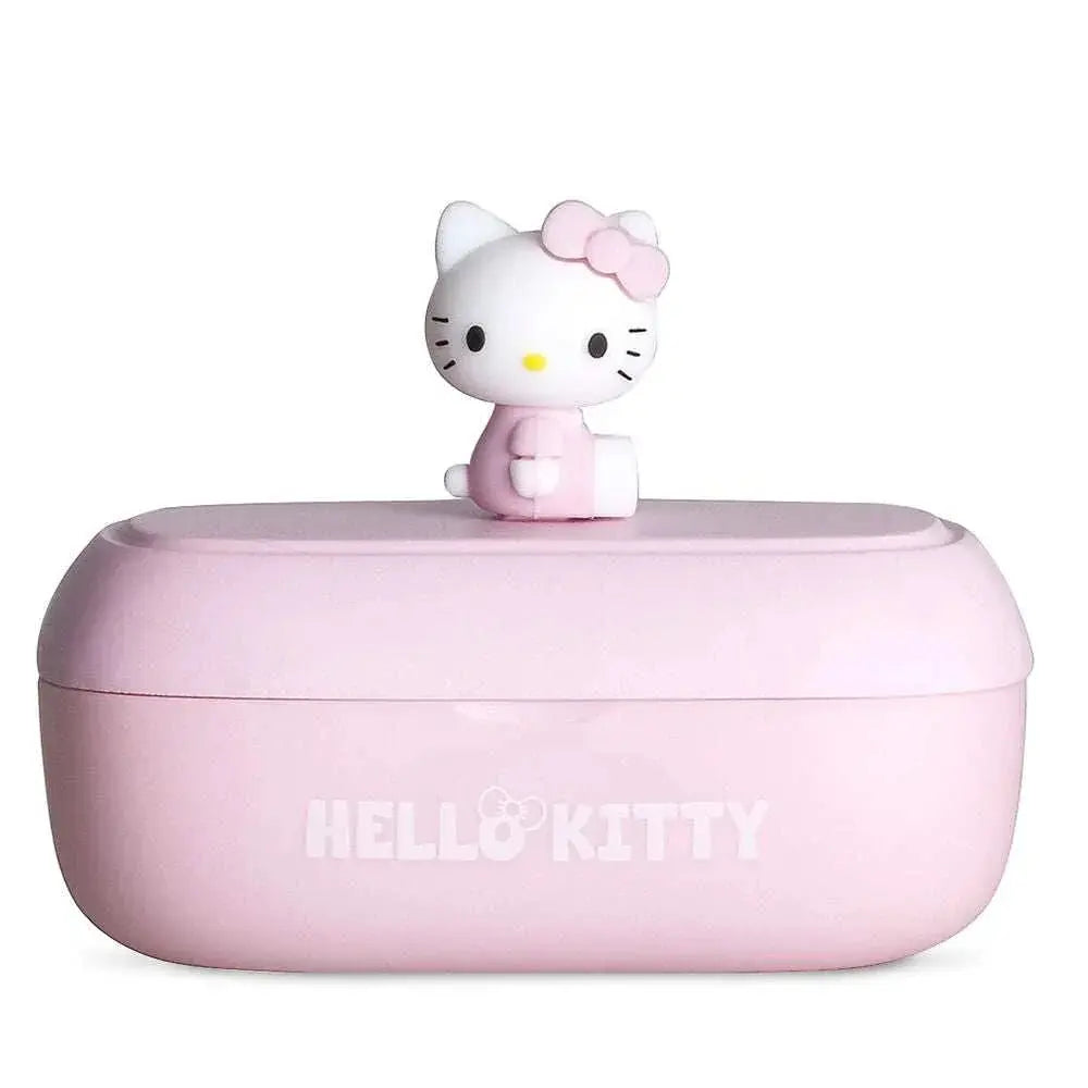 Scatola rosa portaoggetti Hello Kitty con pupazzetto sopra, accessorio nerdscape kawaii.