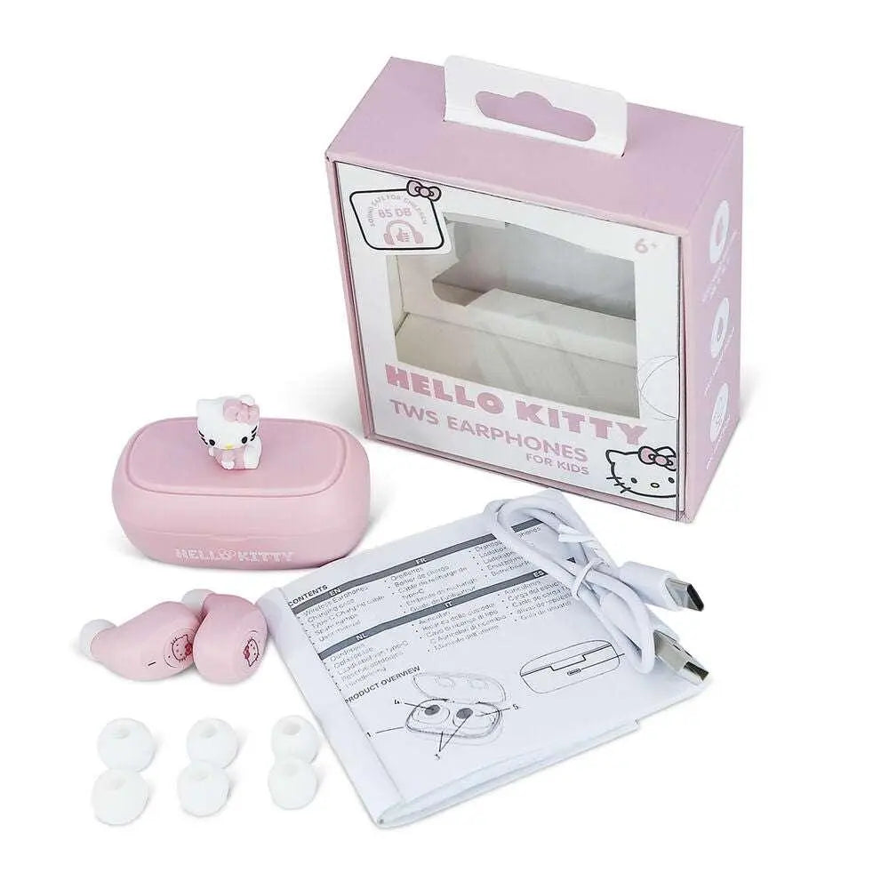 Auricolari Hello Kitty rosa per bambini con custodia, cavo, gommini e istruzioni, confezione Nerdscape.
