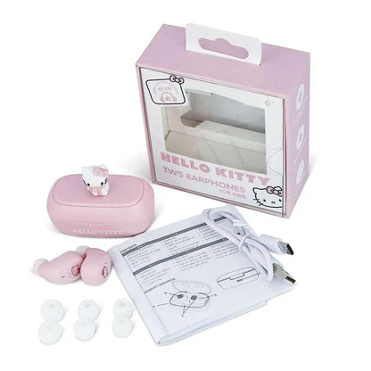 Auricolari Hello Kitty rosa per bambini con custodia, cavo, gommini e istruzioni, confezione Nerdscape.