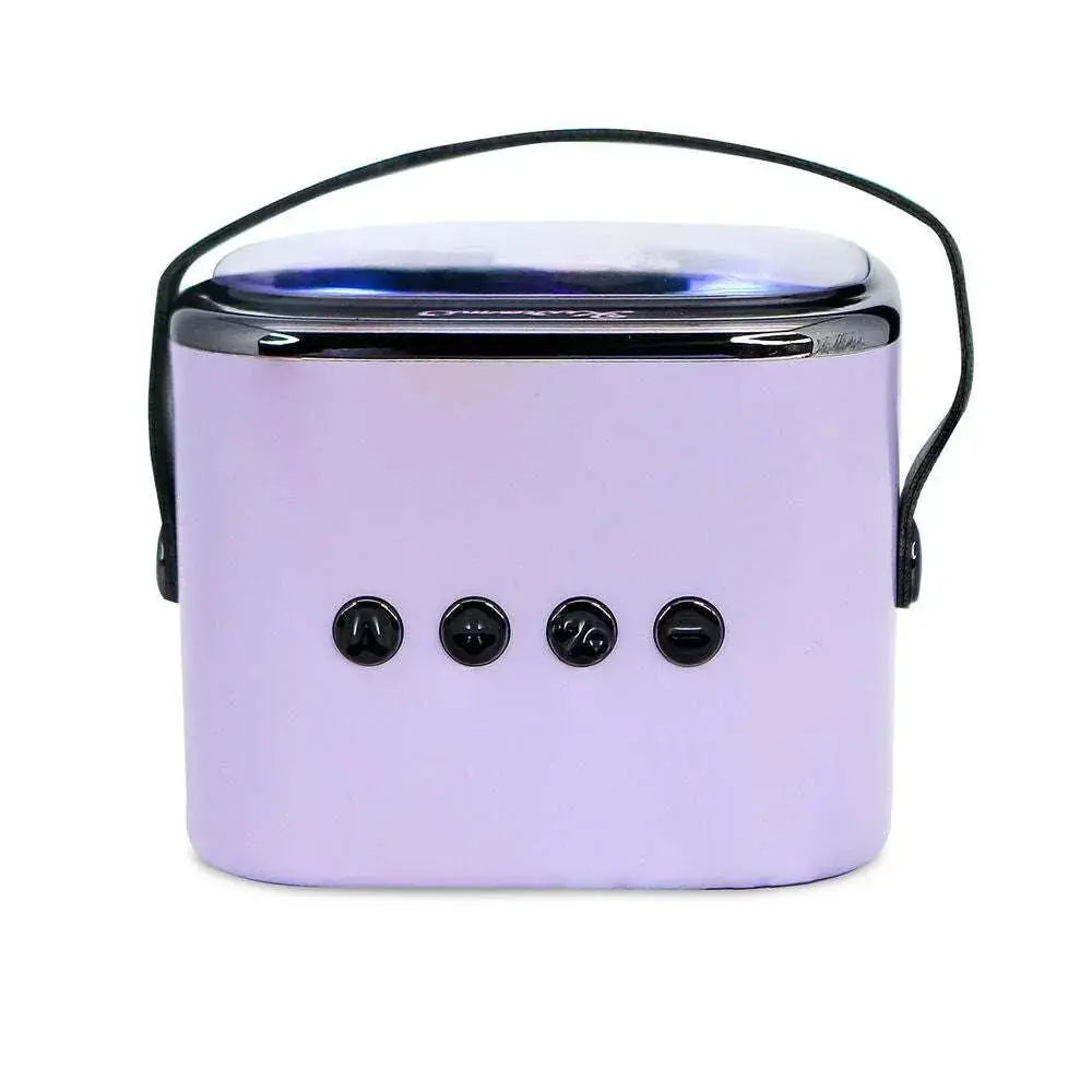 Mini speaker portatile viola con manico e pulsanti neri, accessorio tech Nerdscape