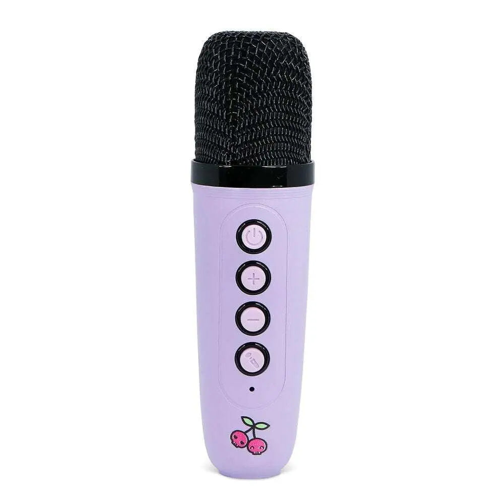 Microfono wireless viola con pulsanti e logo ciliegia Nerdscape, su sfondo bianco