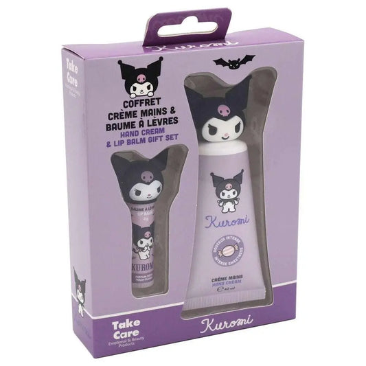 Set regalo Kuromi con crema mani e balsamo labbra in confezione viola, prodotti beauty Nerdscape