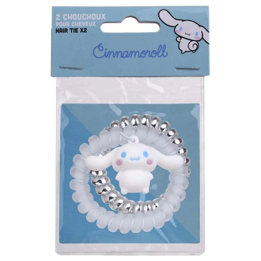 Elastici per capelli Cinnamoroll trasparenti e argento, packaging Nerdscape, accessori kawaii.