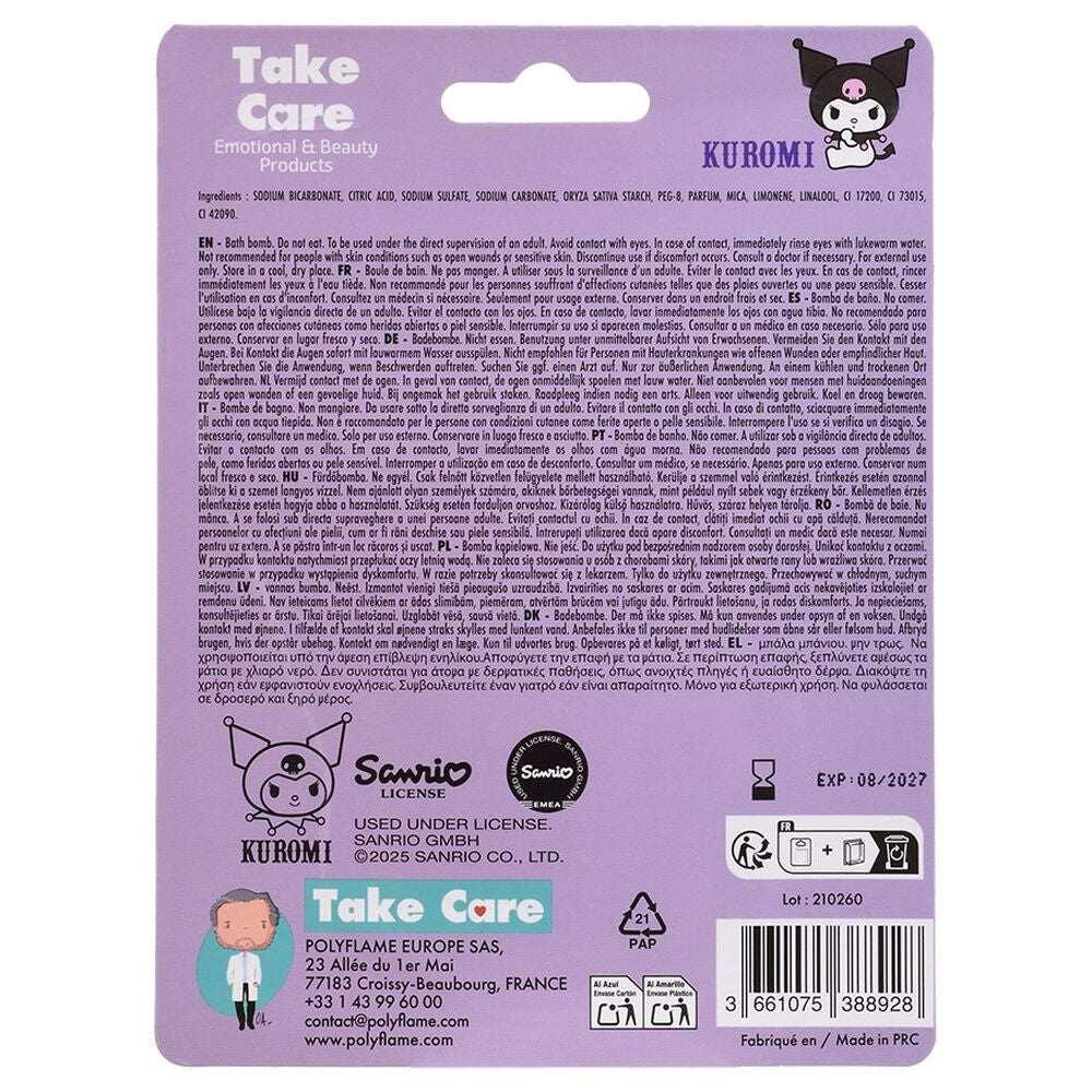 Retro confezione viola Take Care Kuromi, dettagli ingredienti e licenza Sanrio in evidenza