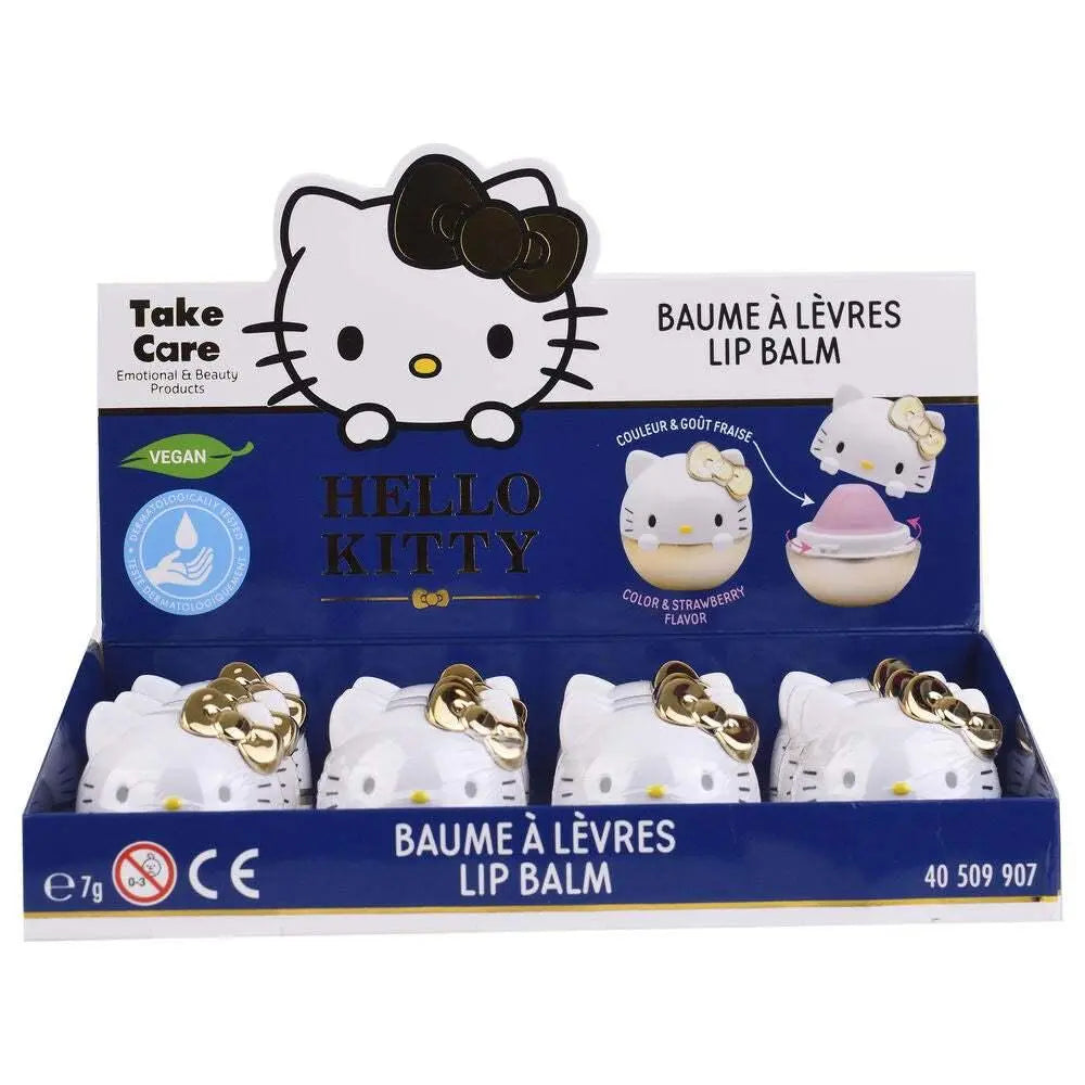 Espositore carino di balsami labbra Hello Kitty vegan gusto fragola, disponibile su Nerdscape.