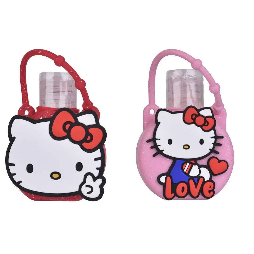 Two flaconi igienizzante con custodia Hello Kitty, uno rosso e uno rosa, su fondo bianco.
