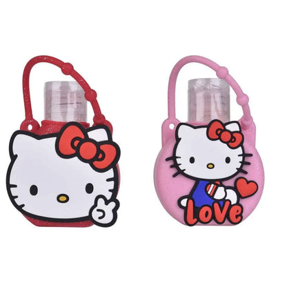 Two flaconi igienizzante con custodia Hello Kitty, uno rosso e uno rosa, su fondo bianco.