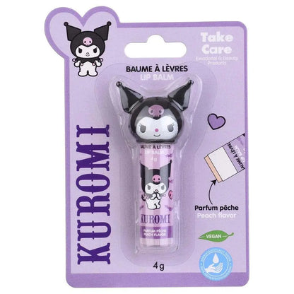 Balsamo labbra Kuromi confezione viola, gusto pesca, prodotto vegan, tema nerdscape.