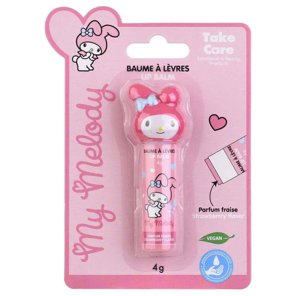 Balsamo labbra My Melody rosa con packaging kawaii e profumo fragola, vendita Nerdscape.