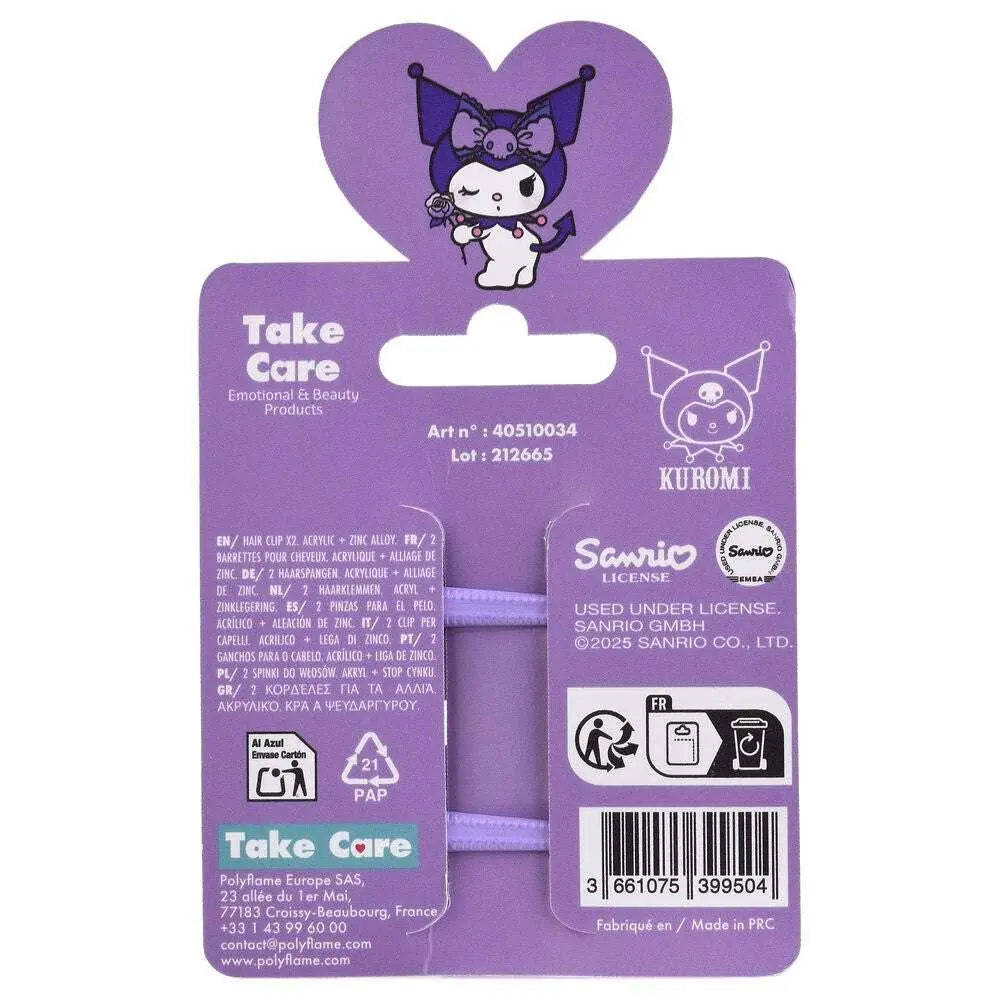 Elastici capelli Kuromi viola Sanrio con confezione a cuore, accessorio Nerdscape kawaii.