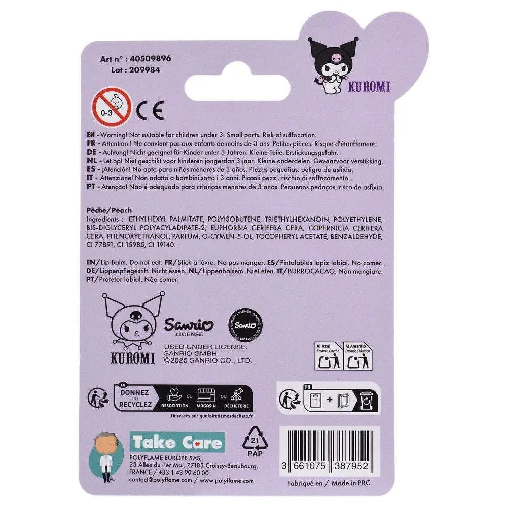 Retro confezione Kuromi Sanrio lilla con istruzioni, ingredienti e logo Nerdscape visibili.