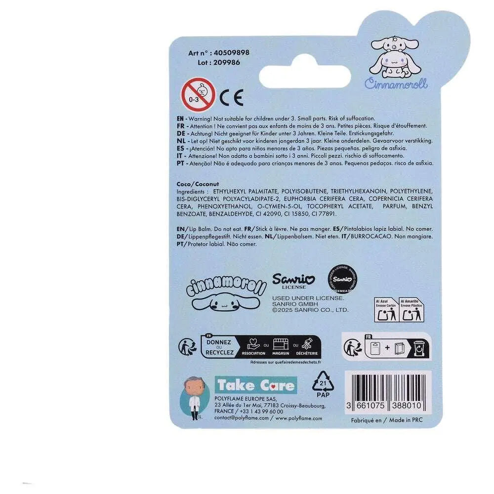 Retro confezione azzurra Cinnamoroll Sanrio, dettagli ingredienti balsamo labbra, logo Nerdscape