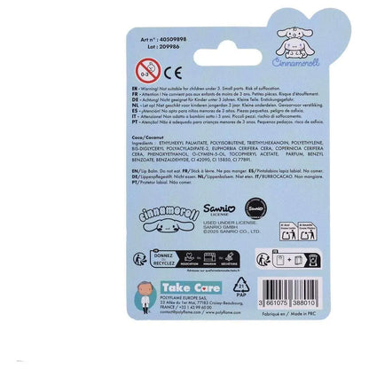 Retro confezione azzurra Cinnamoroll Sanrio, dettagli ingredienti balsamo labbra, logo Nerdscape
