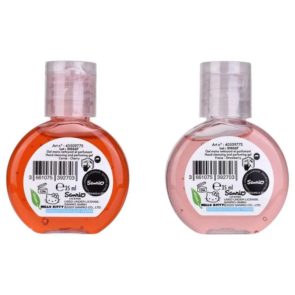 Due flaconi rotondi di gel mani Hello Kitty Sanrio profumati, visibili da retro, su sfondo bianco