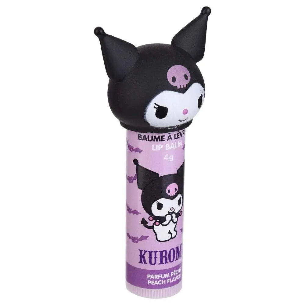 Balsamo labbra Kuromi Nerdscape, confezione viola decorata con personaggio kawaii e teschio.