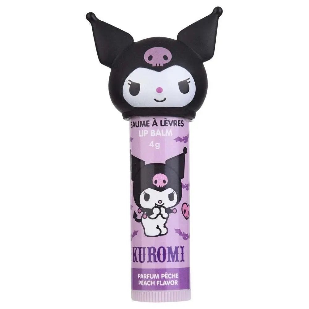 Balsamo labbra Kuromi profumo pesca, packaging kawaii viola con personaggio Sanrio su Nerdscape