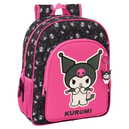 Zaino Nerdscape Kuromi nero e rosa con personaggio Kuromi stampato e portachiavi abbinato