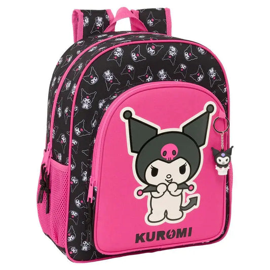 Zaino Nerdscape Kuromi nero e rosa con personaggio Kuromi stampato e portachiavi abbinato