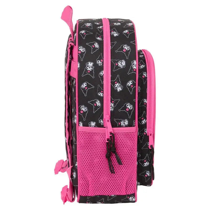 Zaino nero con fantasia Kuromi, dettagli rosa e tasca rete, stile Nerdscape.