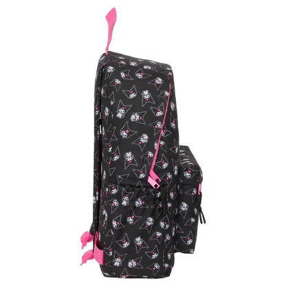 Zaino Nerdscape nero con stampa personaggio kawaii, dettagli rosa, vista laterale