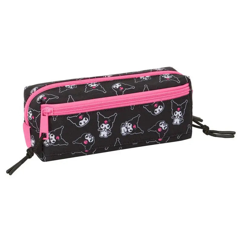 Astuccio rettangolare nero Nerdscape con disegni kawaii e zip rosa, accessorio scuola geek