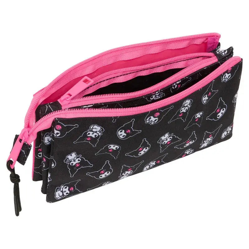 Astuccio Nerdscape nero con stampa kawaii e dettagli rosa, tre scomparti con zip