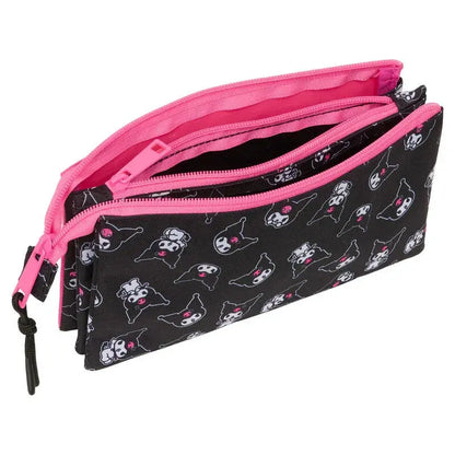 Astuccio Nerdscape nero con stampa kawaii e dettagli rosa, tre scomparti con zip