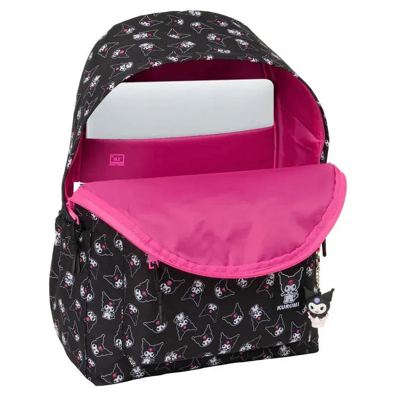 Zaino Kuromi Nerdscape nero e rosa con porta laptop e fantasia personaggi kawaii.