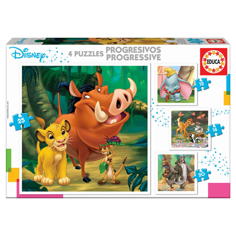 Puzzle Disney Animaux Dumbo + Bambi + Le Roi Lion + Le Livre de la Jungle 12-16-20-25 pièces