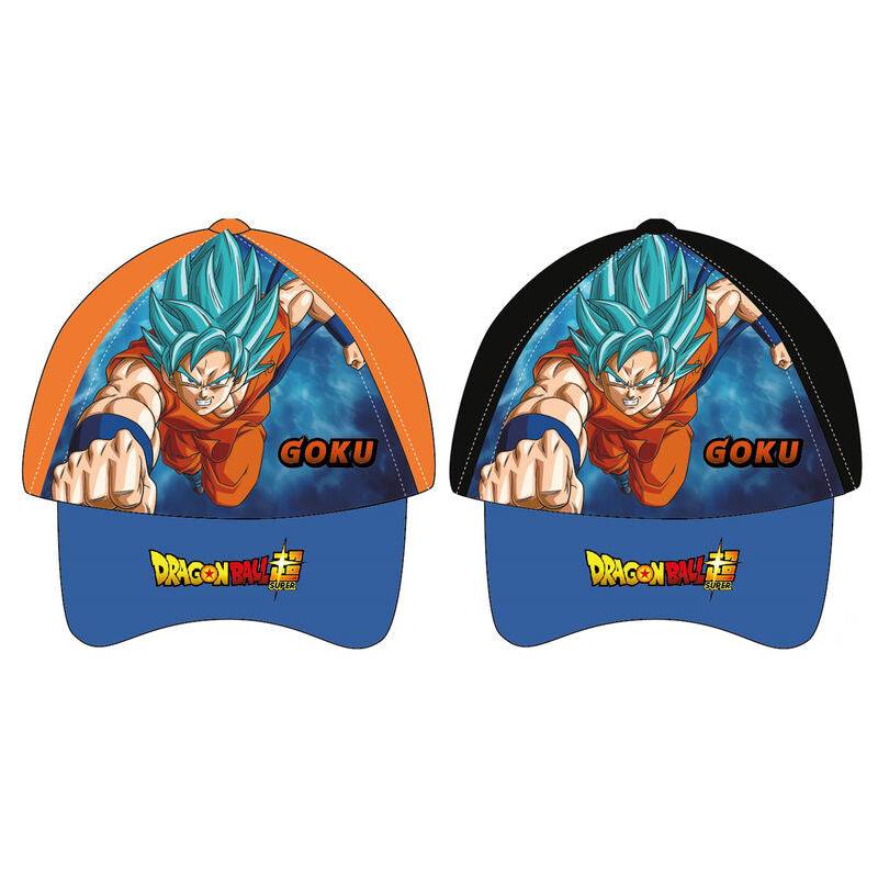 Cappellini Nerdscape con Goku Dragon Ball Super, visiera blu, disponibili in arancione e nero.